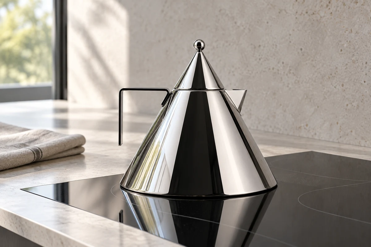 AI styling illustration of an Alessi Il Conico polished steel kettle on an induction hob