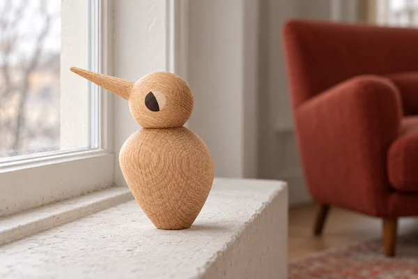 AI styling illustration of a large natural-oak Architectmade Bird on a window ledge beside a rust-coloured chair