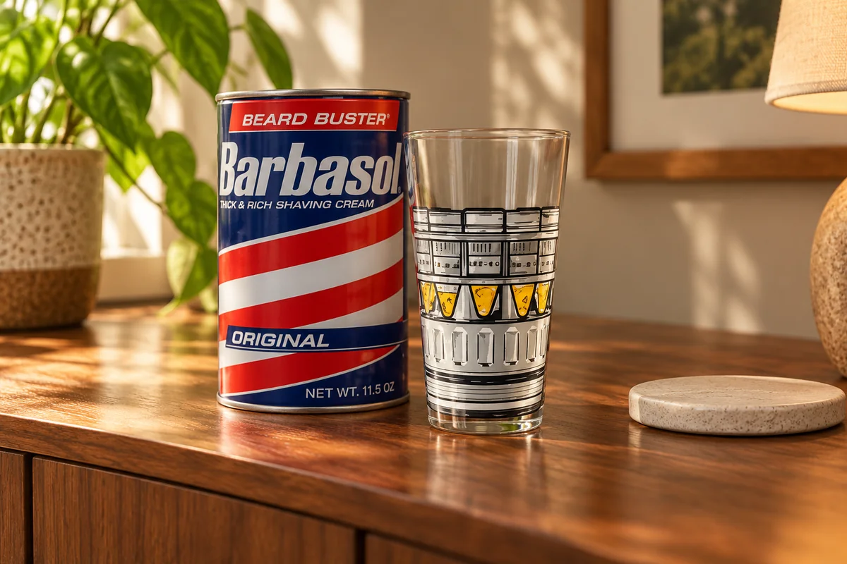 AI styling illustration of a striped Barbasol storage tin beside its printed Jurassic Park drinking glass