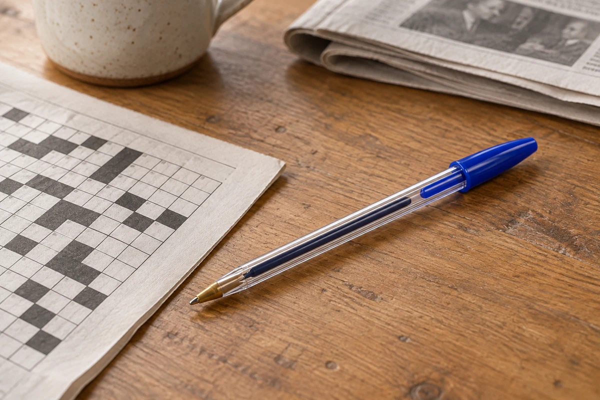 AI styling illustration of one blue BIC Cristal Original pen beside a crossword grid