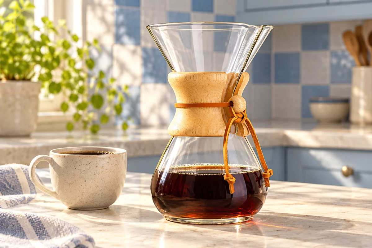 AI styling illustration of a six-cup Chemex on a pale kitchen counter with blue and white tiles