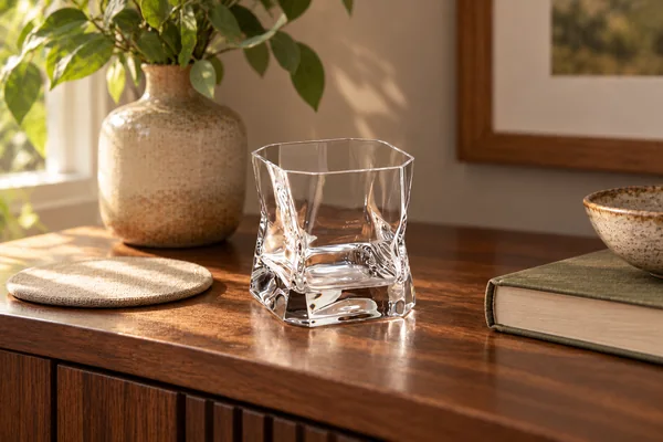 AI styling illustration of Deckard’s whisky glass on a wooden drinks cabinet