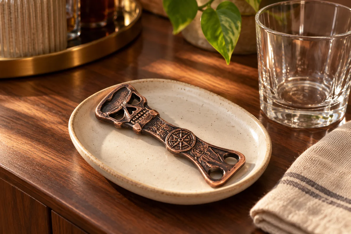 AI styling illustration of a bronze-tone Copper Bones skull-key bottle opener on a ceramic dish