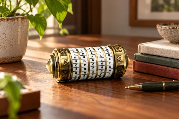 AI styling illustration of The Mini Cryptex beside books on a wooden desk
