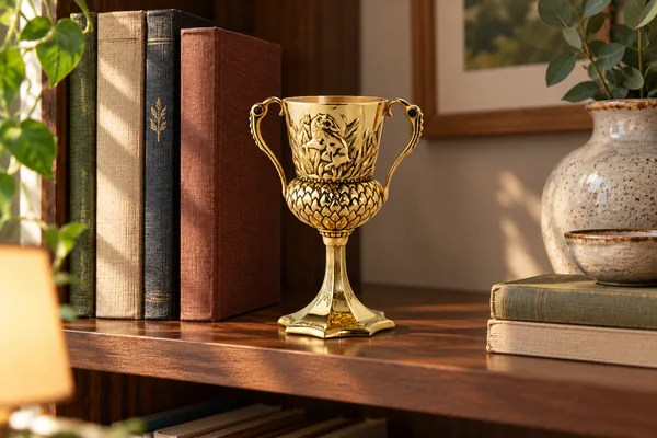 AI styling illustration of Hufflepuff’s cup displayed among books and ordinary decor