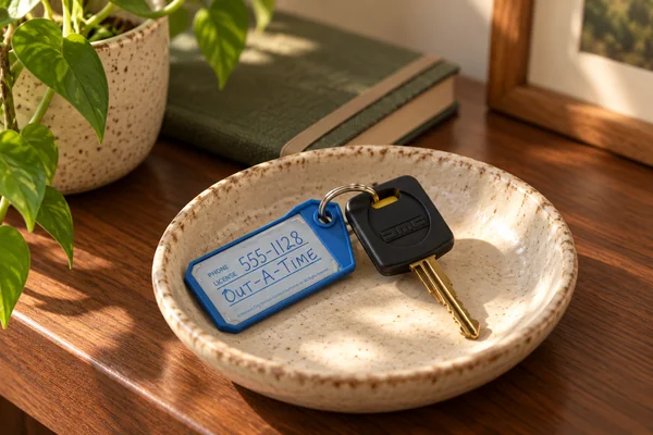 AI styling illustration of a black DMC replica key with a blue Out-A-Time tag on a ceramic tray