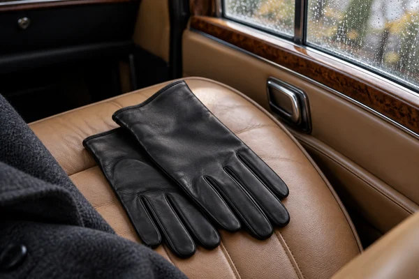 AI styling illustration of plain black Dents Daniel leather gloves on a tan car seat beside a rainy window