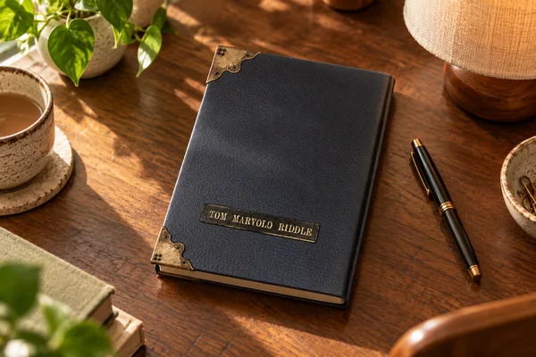 AI styling illustration of Tom Riddle’s diary on a wooden writing desk