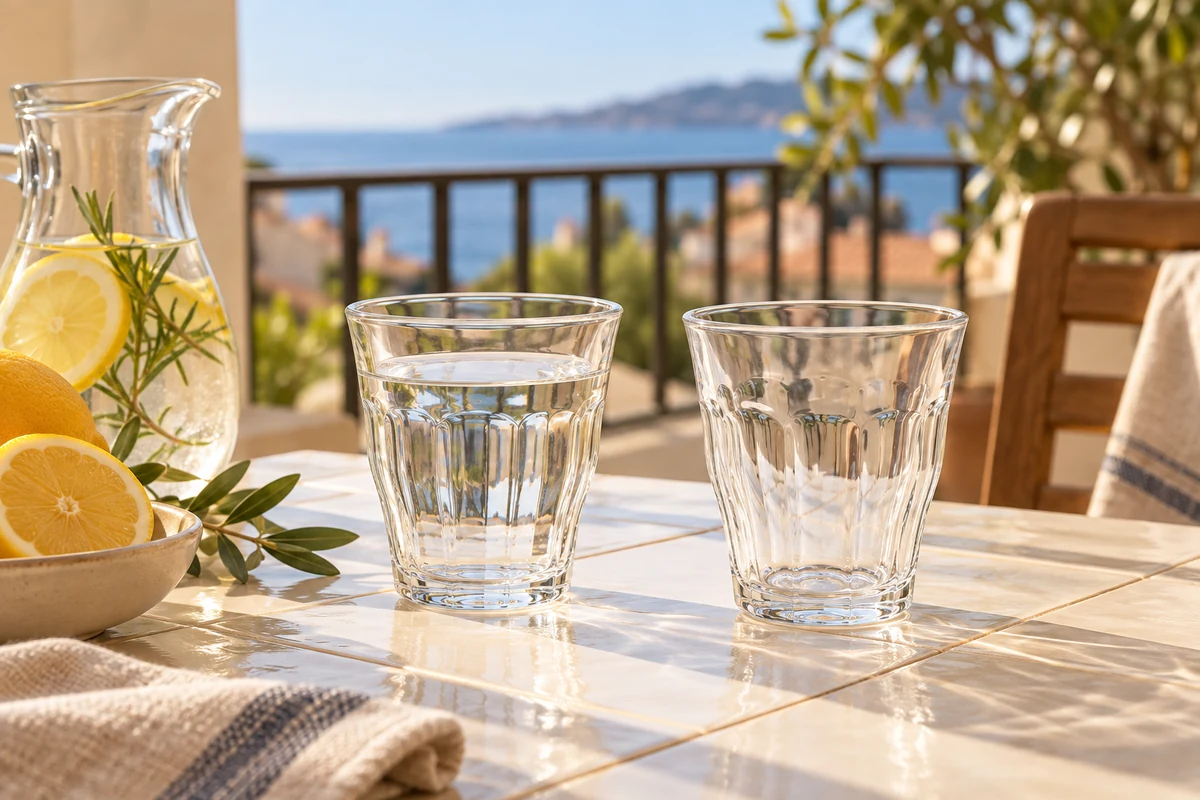 AI styling illustration of two clear 31cl Duralex Picardie glasses on a tiled balcony table