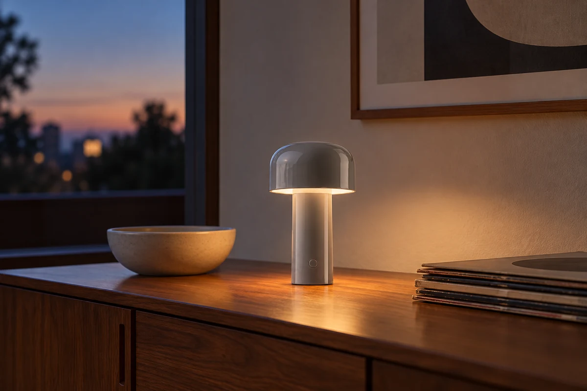AI styling illustration of a small grey Flos Bellhop portable lamp glowing on a wooden sideboard