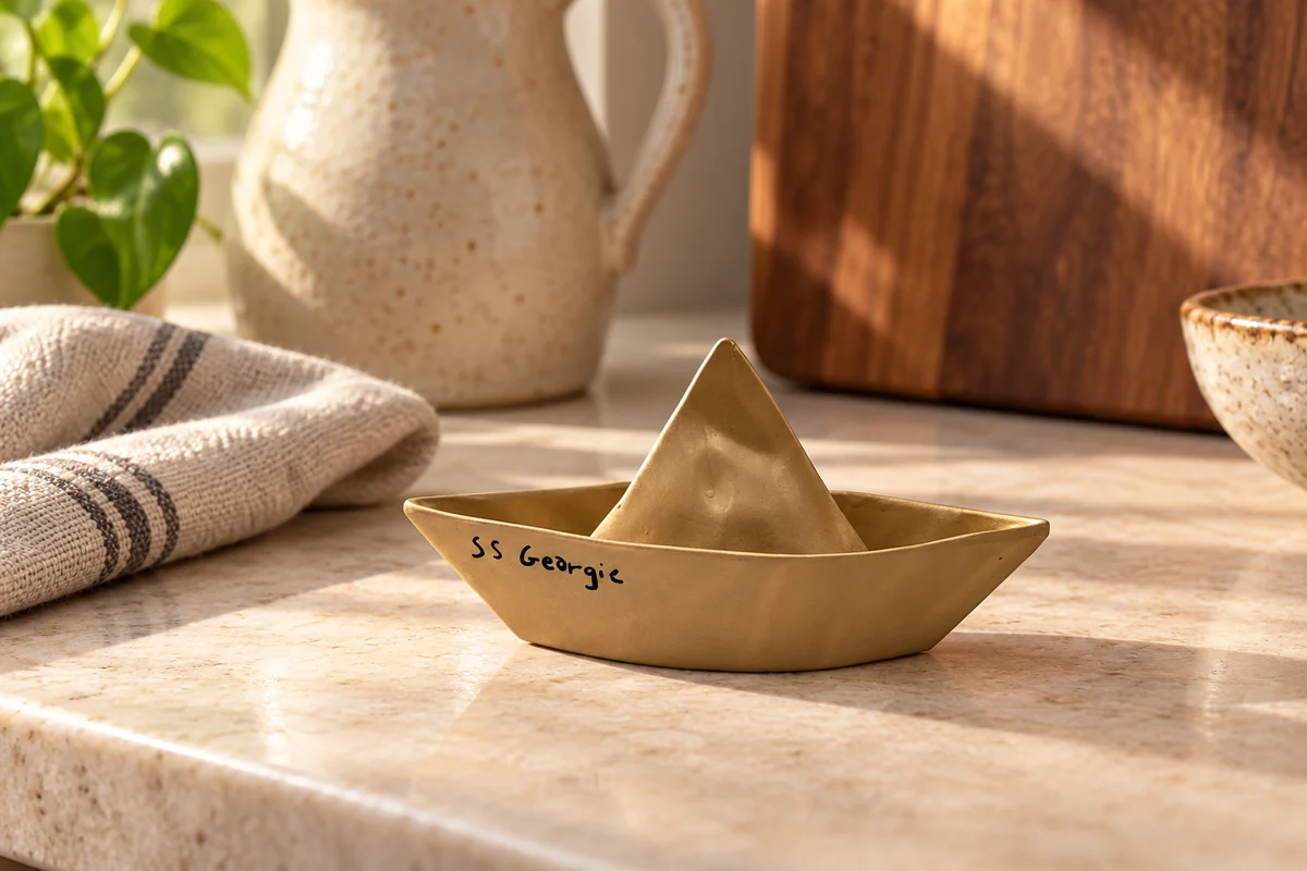 AI styling illustration of a bronze-tone SS Georgie metal boat bottle opener on a kitchen counter