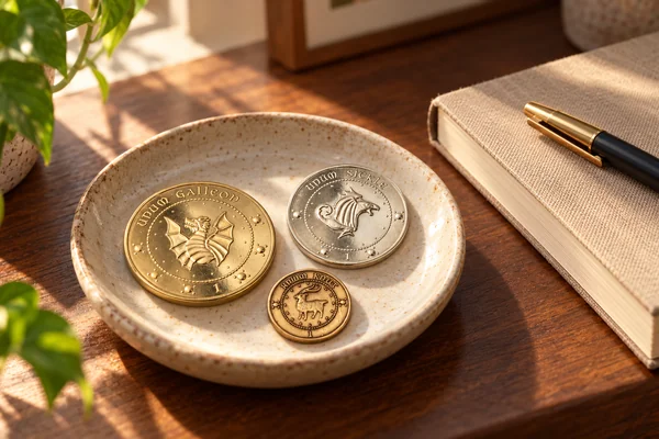 AI styling illustration of three Gringotts replica coins on a ceramic dish on a desk