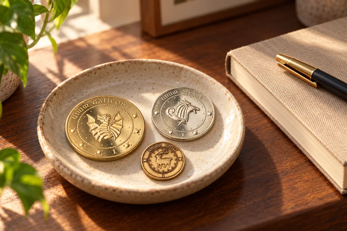 AI styling illustration of three Gringotts replica coins on a ceramic dish on a desk