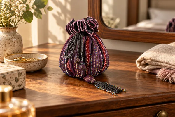 AI styling illustration of Hermione’s beaded bag on a dressing table