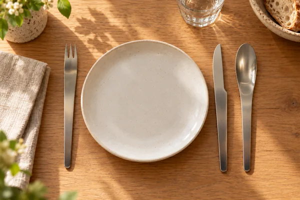 AI styling illustration of The Space Odyssey cutlery as a three-piece place setting on a dining table