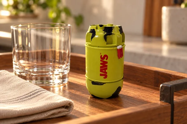 AI styling illustration of a small yellow-green Jaws barrel bottle opener beside a drinking glass