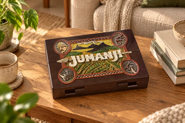 AI styling illustration of The Jumanji board closed on a coffee table