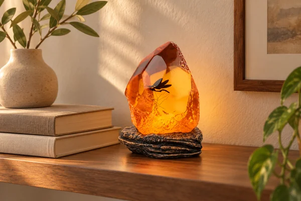AI styling illustration of a mosquito-in-amber resin lamp on a wooden shelf beside plain books