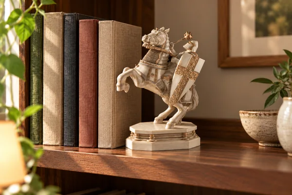 AI styling illustration of The white knight bookend beside books on a home shelf