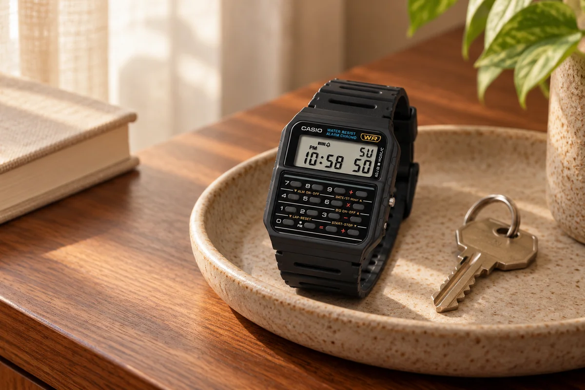 AI styling illustration of a black Casio calculator watch in a ceramic bedside tray