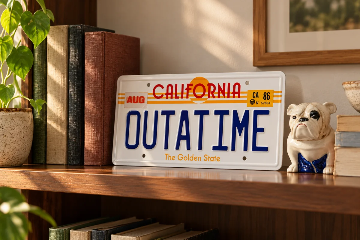 AI styling illustration of an embossed white OUTATIME replica licence plate on a study shelf