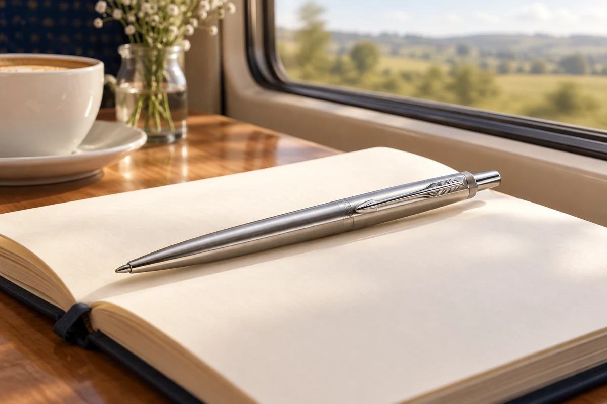 AI styling illustration of a stainless-steel Parker Jotter on an open notebook beside a train window