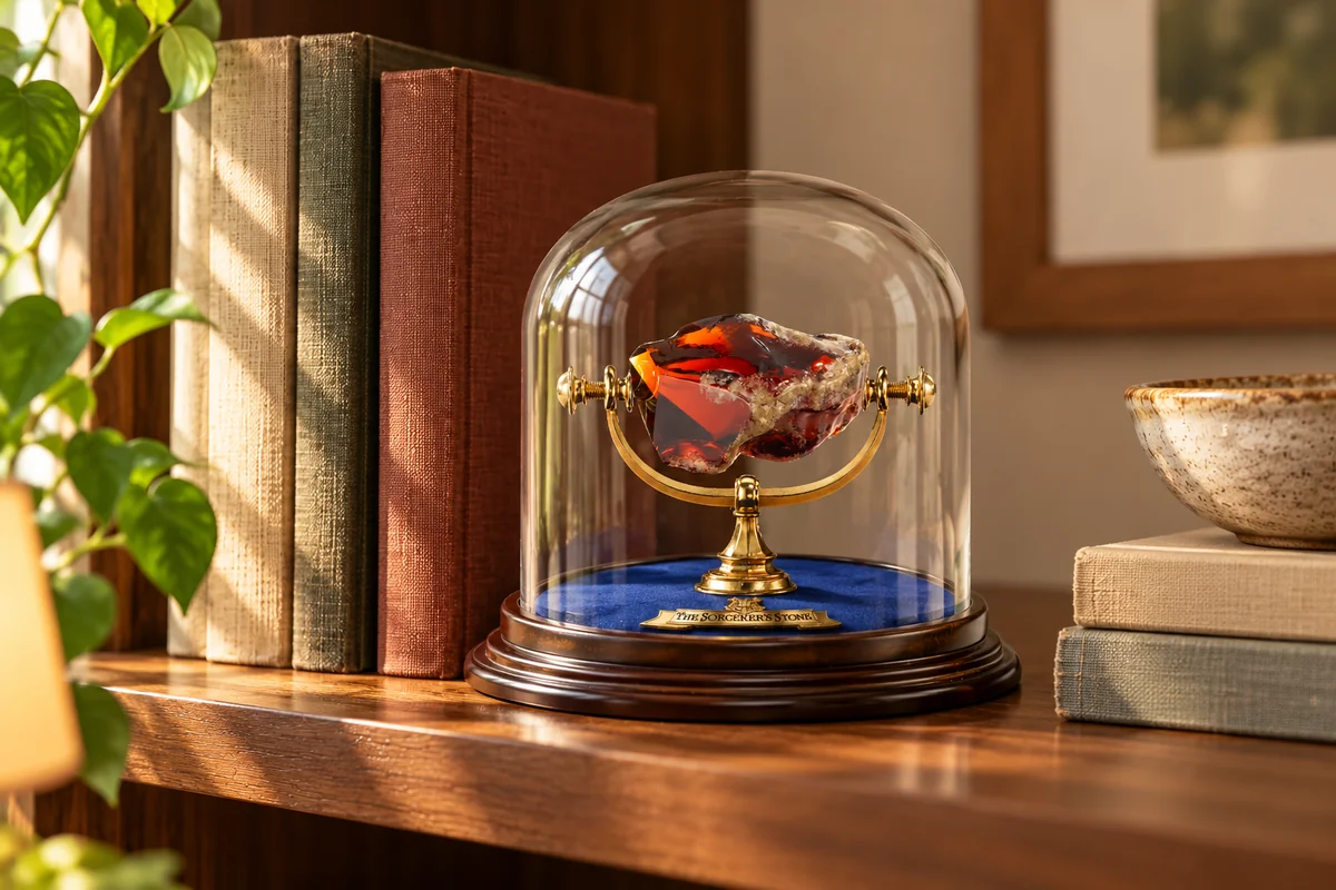 AI styling illustration of a red glass Philosopher’s Stone replica under its dome on a bookshelf