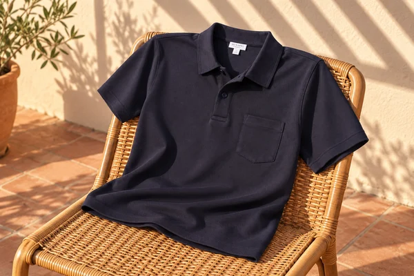 AI styling illustration of a navy Sunspel Riviera polo draped over a rattan terrace chair in afternoon sunlight