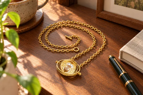 AI styling illustration of Hermione’s Time-Turner beside stationery on a wooden desk